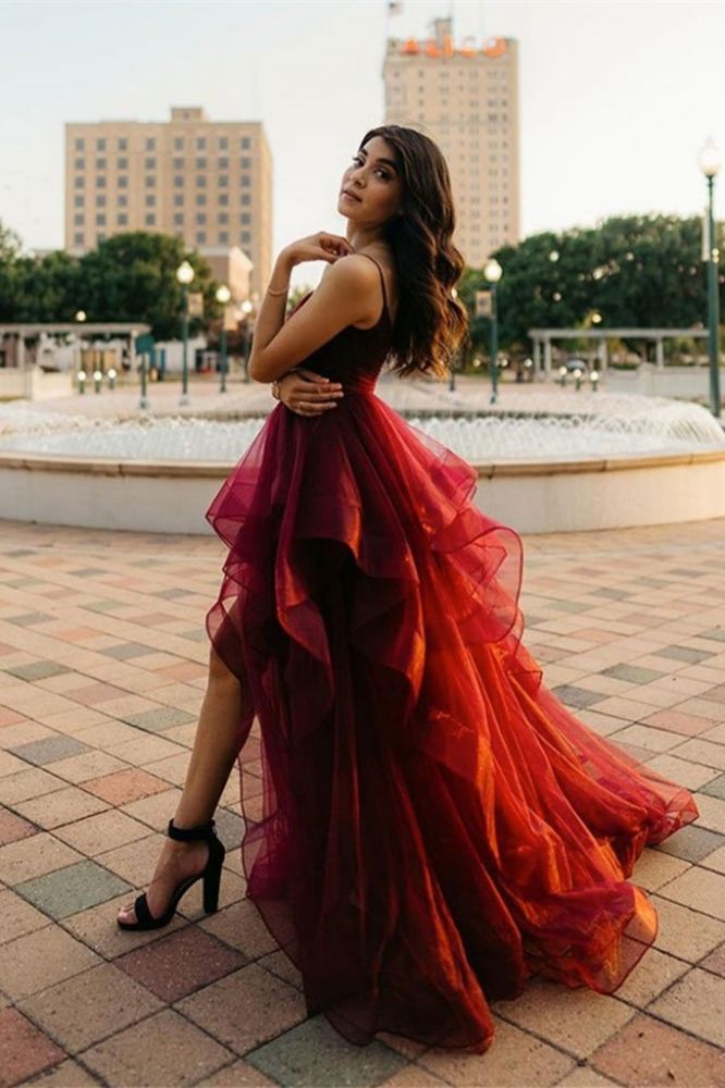 Ruffles High Low Burgundy Ball Gown Prom Dresses