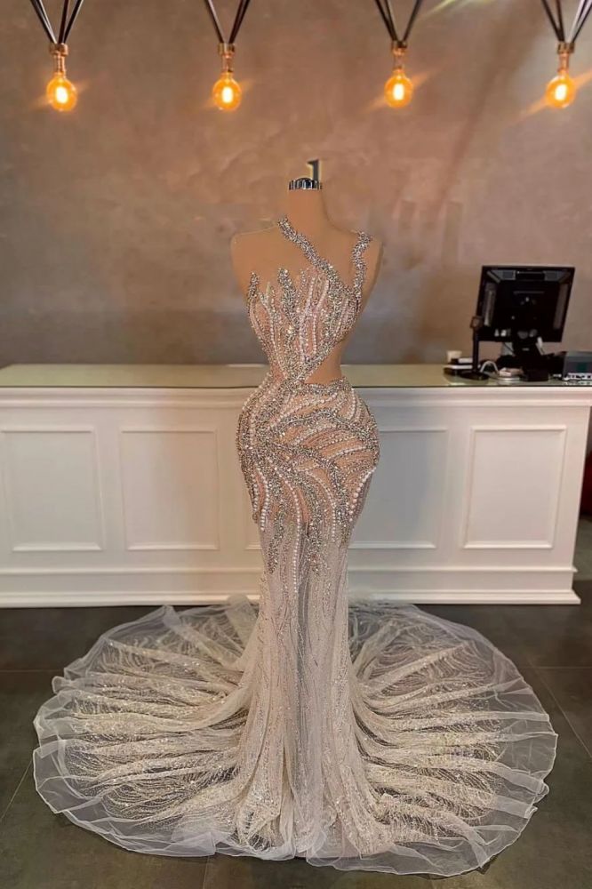 Exquisite Mermaid One-Shoulder Sleeveless Sequined Prom Dresses with Beads