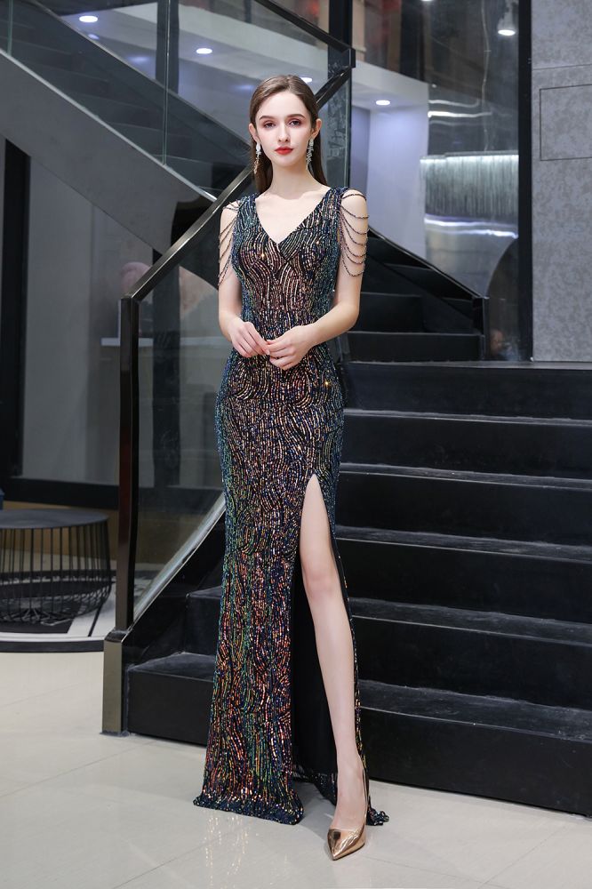 Sparkle V-neck High split Sleeveless Black Evening Dress Online