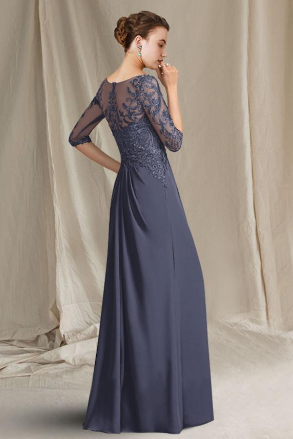 Fashionable Jewel Neck 3/4 Long Sleeves Floor-Length A-Line Chiffon Prom Dresses