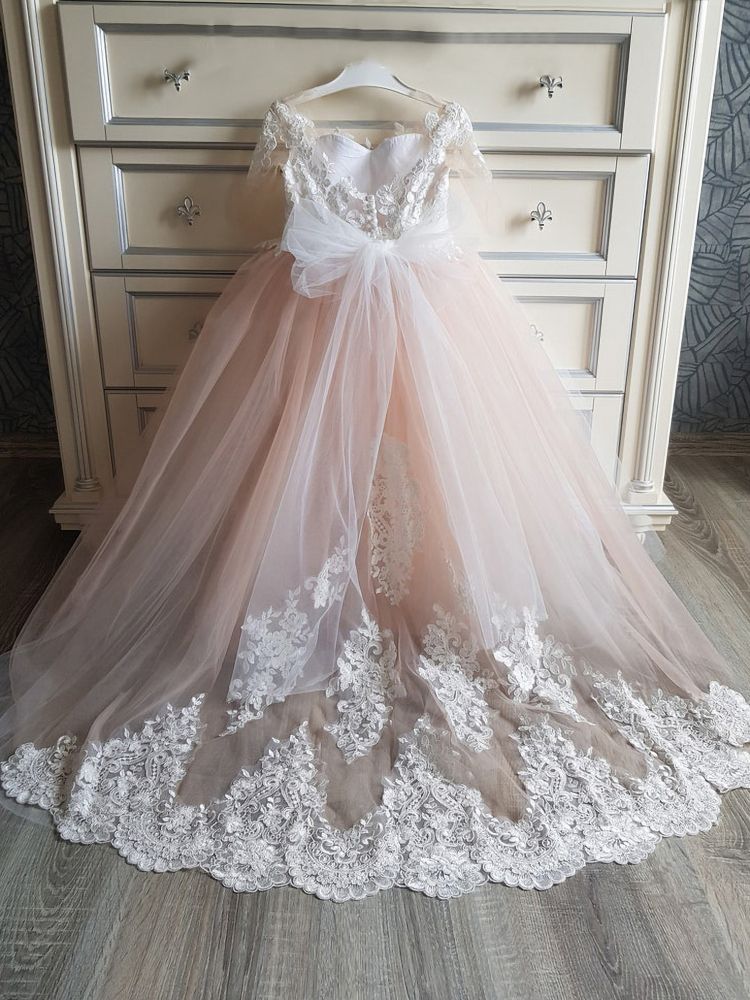 Short Sleeves Princess Flower Girl Dresses Floral Lace Appliques Blushing Pink Formal Dress for Girl