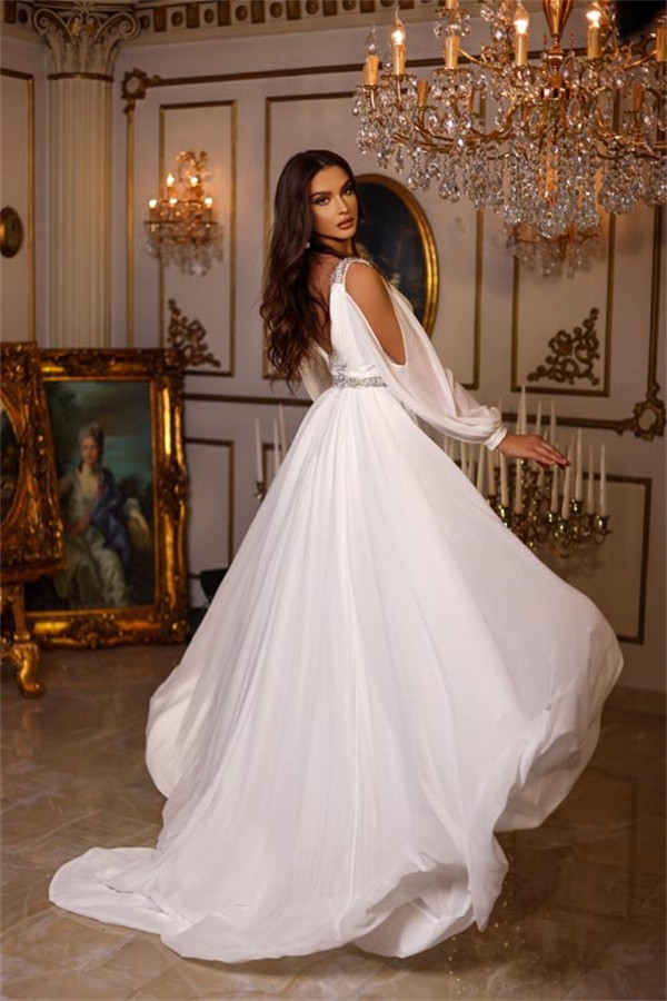 Gorgeous A-line V-neck Long Sleeves Floor Length Chiffon Wedding Dress