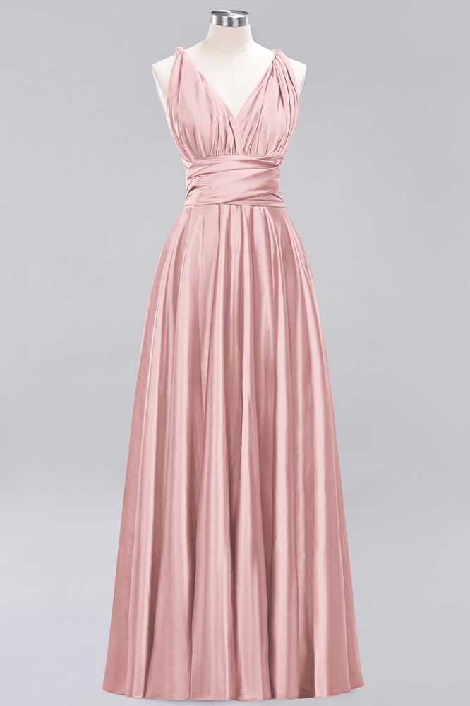 Simple A-Line V-Neck Sleeveless Floor Length Convertible Bridesmaid Dress with Ruffles