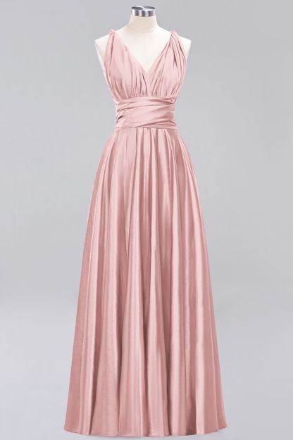 Simple A-Line V-Neck Sleeveless Floor Length Convertible Bridesmaid Dress with Ruffles