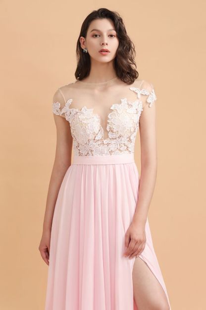 Cap Sleeves Lace Appliques Bridesmaid Dress Pink Chiffon Aline Wedding Party Dress with Side Slit