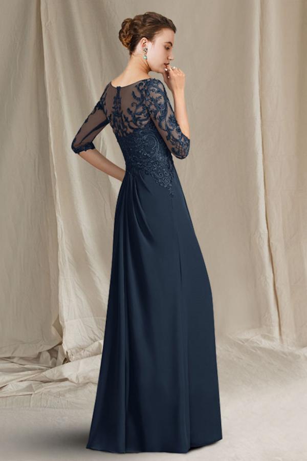 Fashionable Jewel Neck 3/4 Long Sleeves Floor-Length A-Line Chiffon Prom Dresses