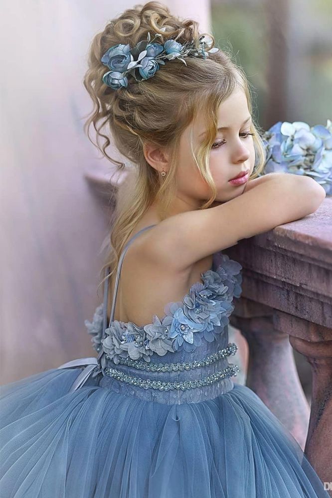 Cute Strapless Dusty Blue Ruffles Puffy Princess Flower Girl Dresses