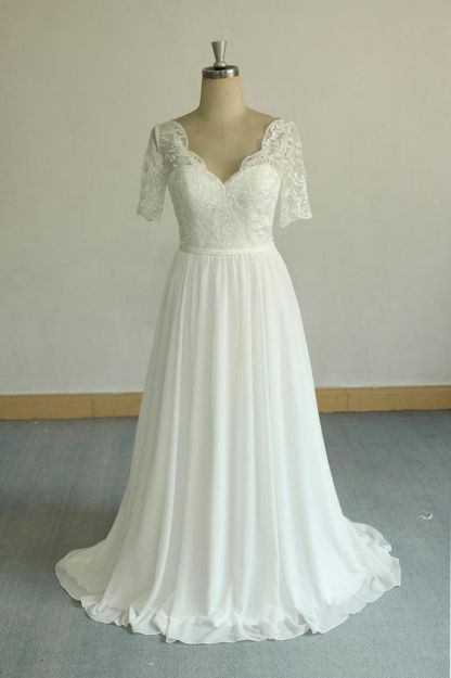 Summer Wide Shoulder V-neck White Chiffon Wedding Dresses