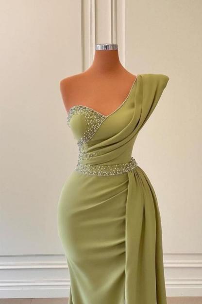 One SHoulder Beads Evening Dress Long Side Slit Prom Dress with Cape