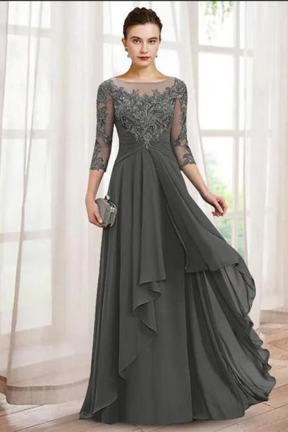 Half Sleeves Lace Appliques Mother of Bride Long Dress