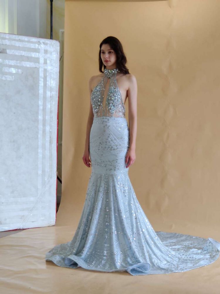 Halter Sleeveless Beaded Mermaid Satin Floor Length Crystal Prom Party Dress
