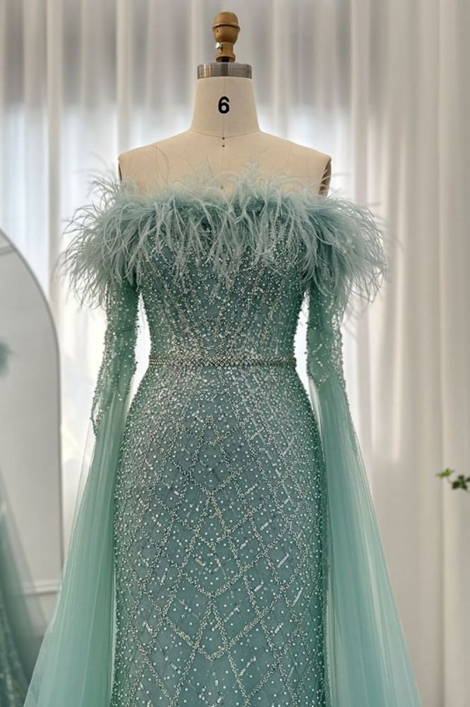 Glamorous Glitter Beading Mermaid Evening Gowns Fur Tulle Long Party Dress with Cape Sleeves