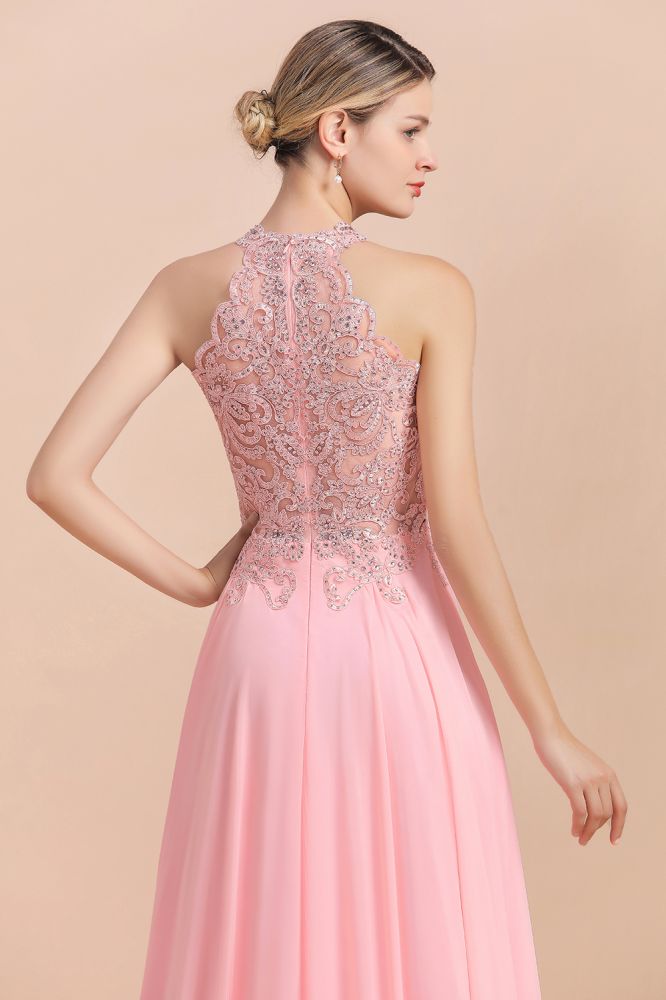 Modest Pink Pears Beaded A-line Halter Bridesmaid Dresses