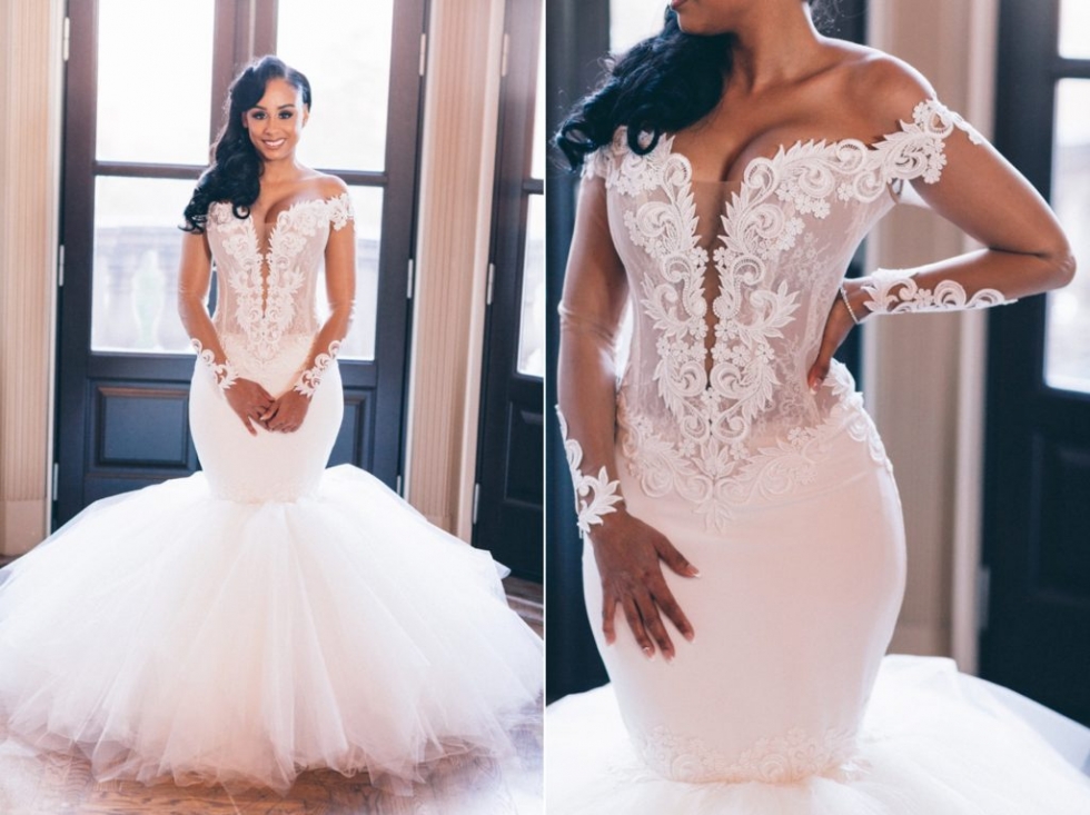 Off the Shoulder Mermaid Wedding Dress | Lace Appliques Elegant Long Sleeve Bridal Gowns