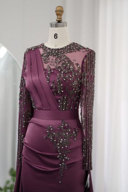 Gorgeous Long Sleeves Ruffle Satin Mermaid Evening Gown Dubai Formal Dress with Rhinstones Embellishments-Babyonlinewholesale