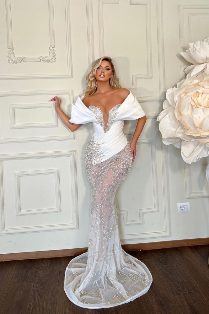 Off the shoudler White Column Floor length Prom Dresses