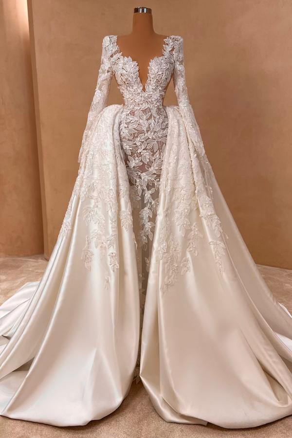 Gorgeous V-neck Trumpet Bridal Gown with Detachable Sweep Train Long Sleeves Floral Wedding Gowns