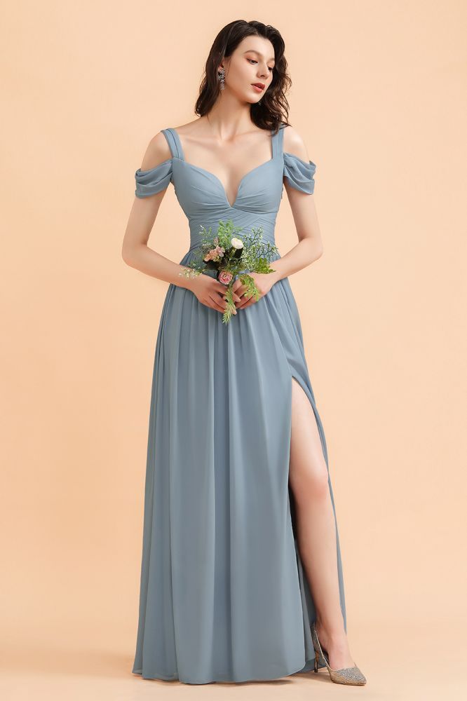 Grey Blue Off Shoulder Chiffon Bridesmaid Dress with Side Slit Straps Wedding Party Dress