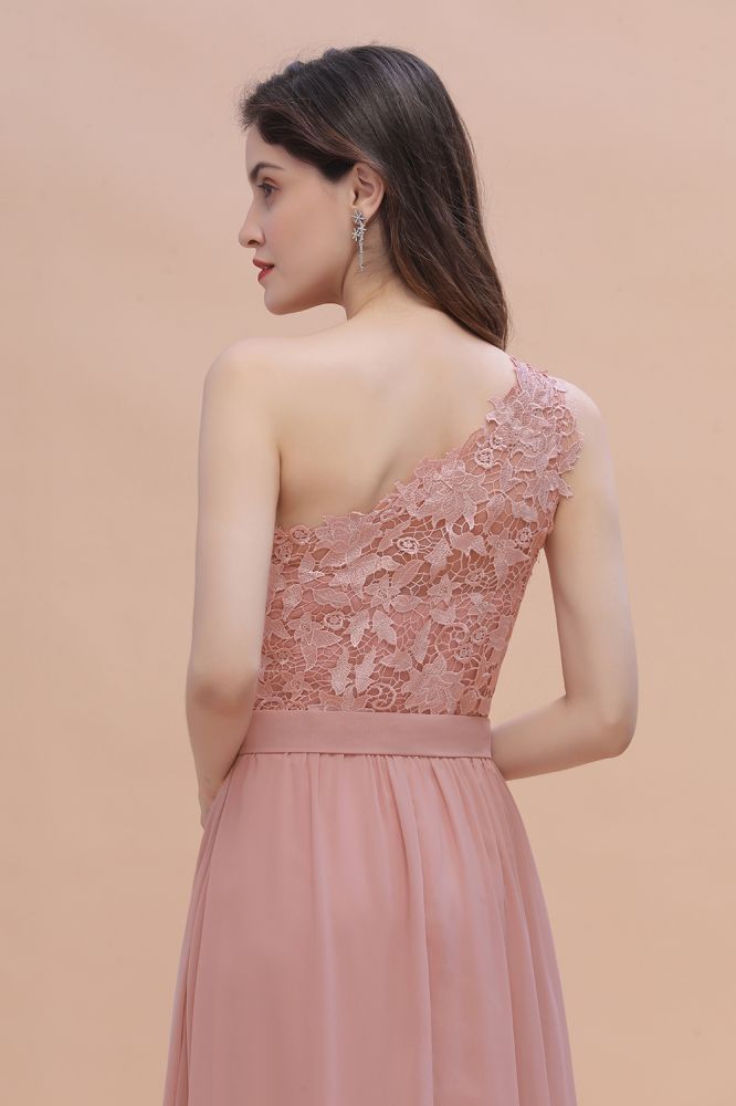 One Shoulder Dusty Pink Floral Pattern Aline Bridesmaid Dress
