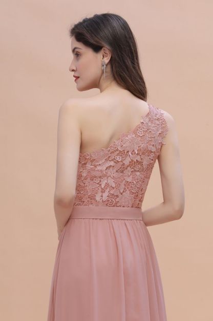 One Shoulder Dusty Pink Floral Pattern Aline Bridesmaid Dress