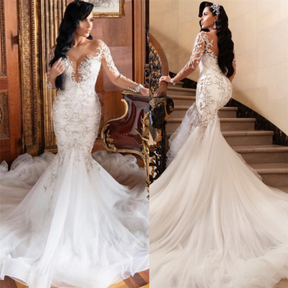 Long sleeve V-neck Mermaid Court train Summer Wedding Dress