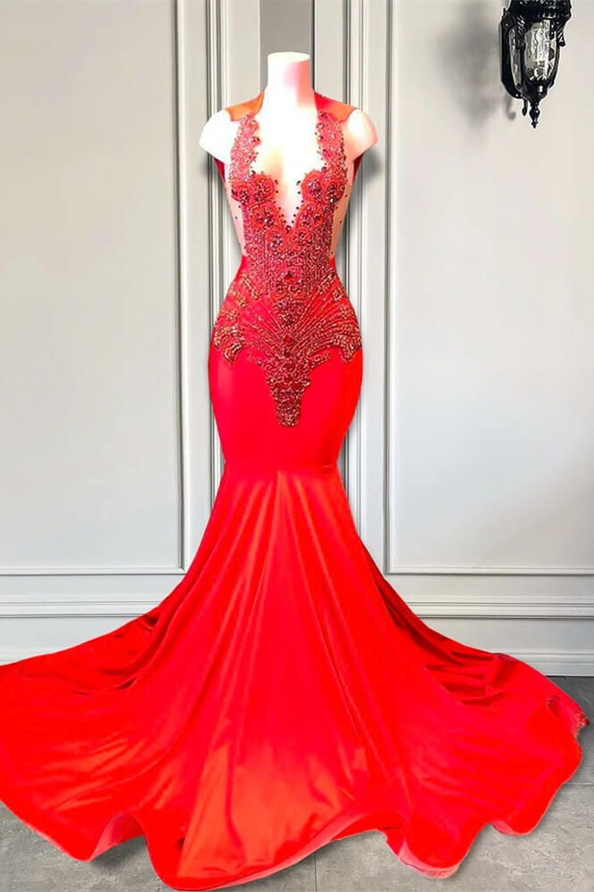 Halter Keyhole V-neck Mermaid Red Beaded Prom Dresses