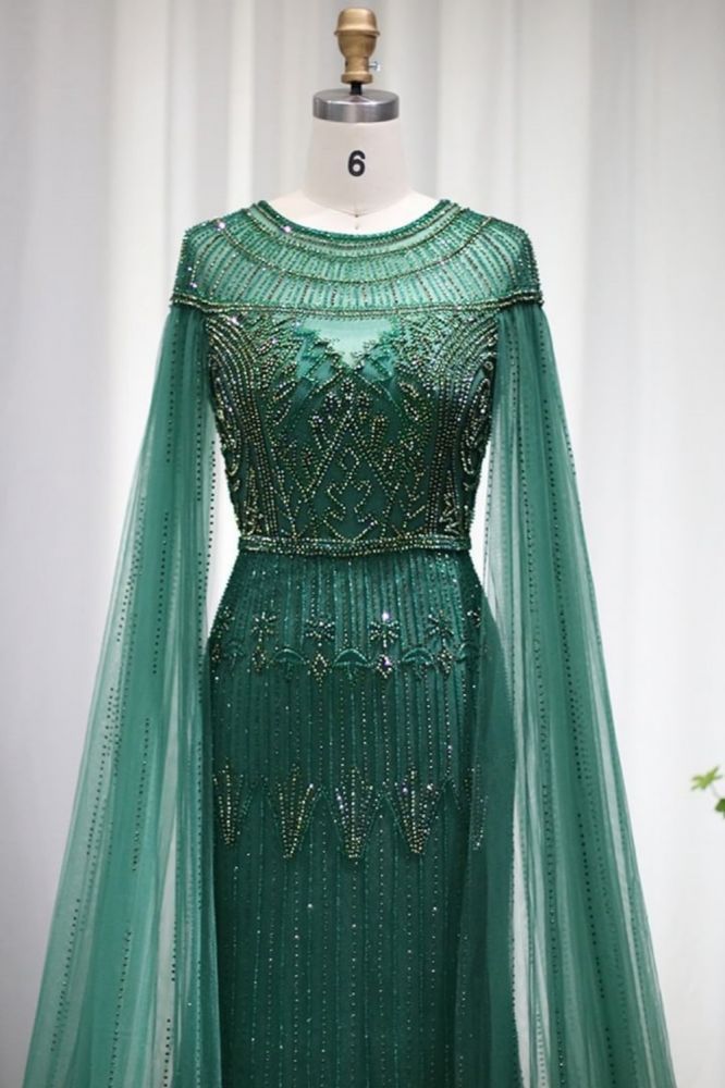 Luxury Scoop Neck Beading Mermaid Evening Dress Cape Sleeves Dubai Wedding Party Gown