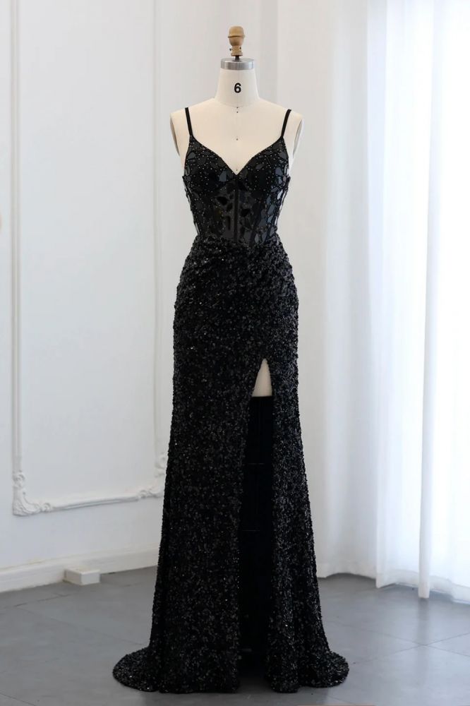 Sexy Spaghetti Straps Sequin Mermaid Prom Evening Dresses Black Long Party Gowns with Side Slit