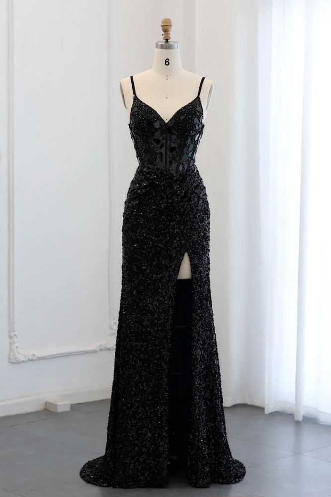 Sexy Spaghetti Straps Sequin Mermaid Prom Evening Dresses Black Long Party Gowns with Side Slit