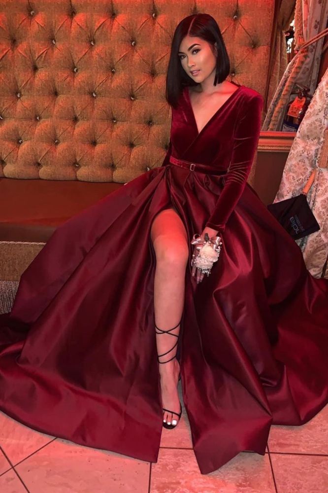 Satin V-Neck A-line Evening Maxi Dress Long Sleeve Side Split Prom Dress