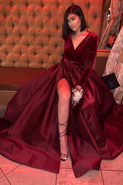 Satin V-Neck A-line Evening Maxi Dress Long Sleeve Side Split Prom Dress