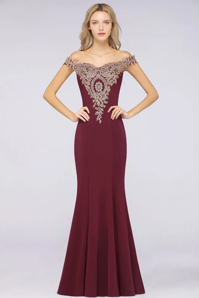 Simple Off-the-shoulder Burgundy Formal Dress with Lace Appliques