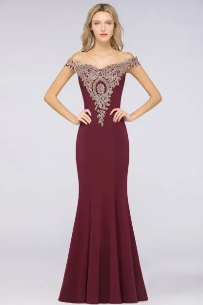 Simple Off-the-shoulder Burgundy Formal Dress with Lace Appliques