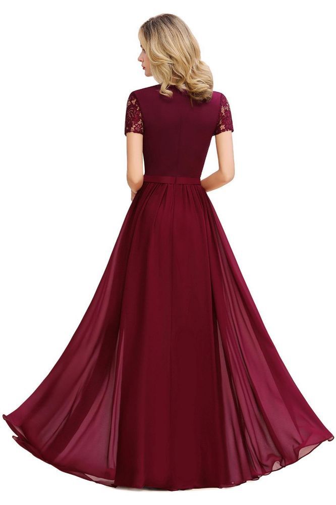 Abraham | Burgundy Short Sleeve Lace Simple Chiffon Formal Dress, Pink, Dark Green