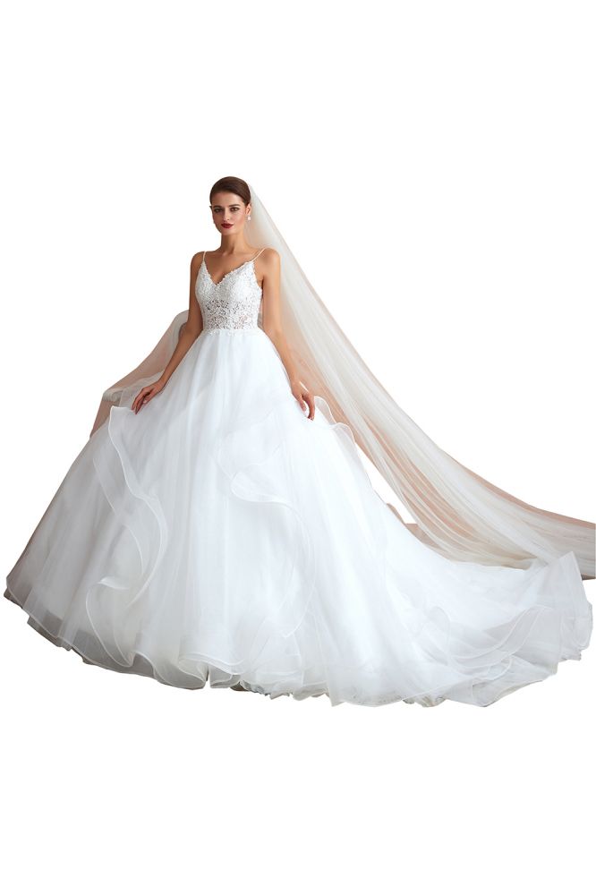 Camille | White Ball Gown Wedding Dress with Chapel Train, Spaghetti Strap See-through Lace up Bridal Gowns for Sale-Babyonlinewholesale