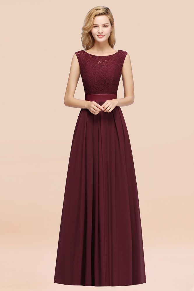 A-line Chiffon Lace Jewel Sleeveless Ruffles Floor-length Bridesmaid Dress