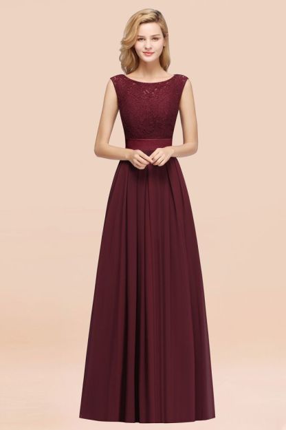 A-line Chiffon Lace Jewel Sleeveless Ruffles Floor-length Bridesmaid Dress