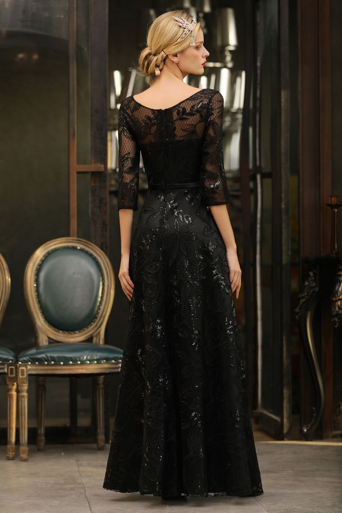 Acacia | Scoop neck Long Sleeves Black Prom Dresses with Sparkly Floral Designs