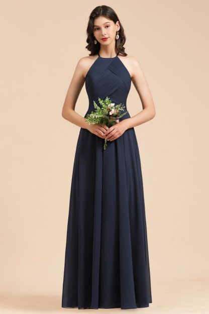 Halter Chiffon Long Evening Maxi Dress Sleeveless Pleated Wedding Guest Dress