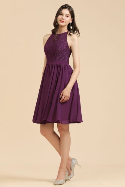 Halter Purple Lace Short Wedding Party Dress Sleeveless Chiffon Maid of Honor Dress