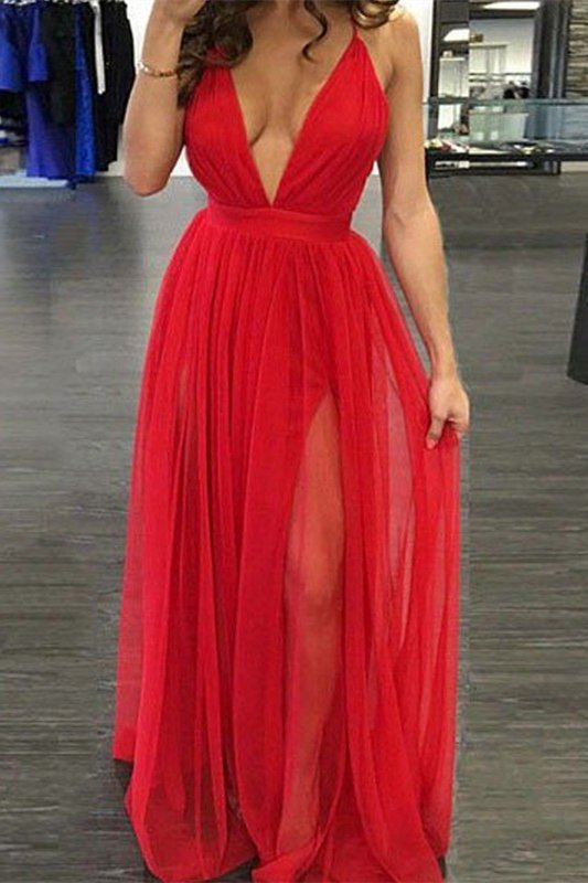 V-neck Straps Red Chiffon Long A-line Prom Dresses