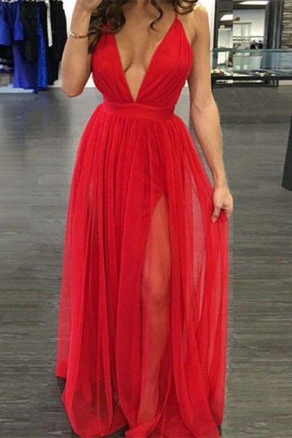 V-neck Straps Red Chiffon Long A-line Prom Dresses