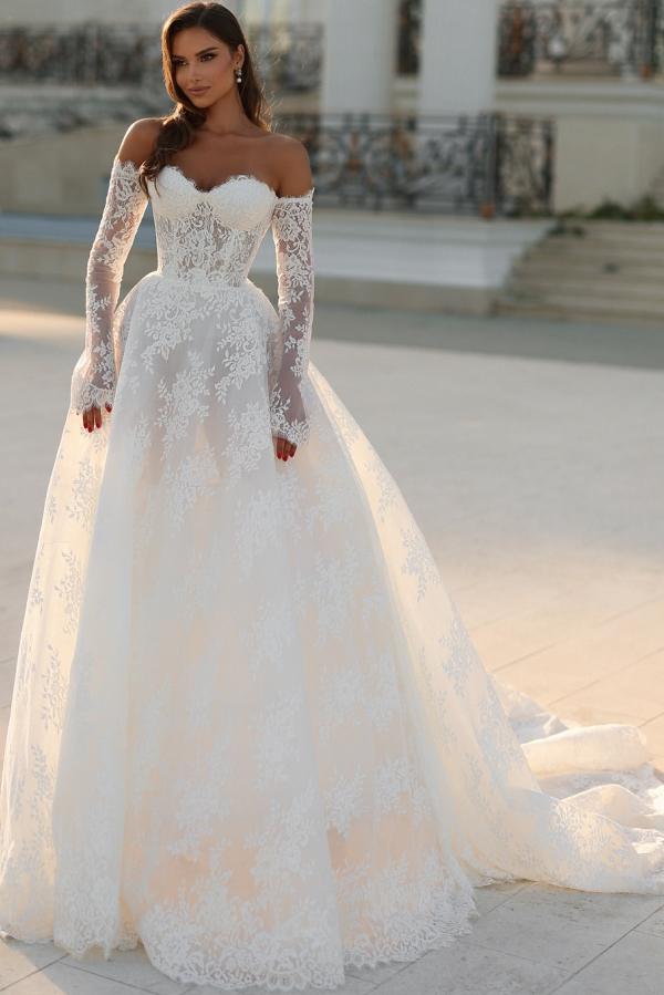 Sweetheart neckline tulle lace A-line wedding dress with sleeves and a sweep train