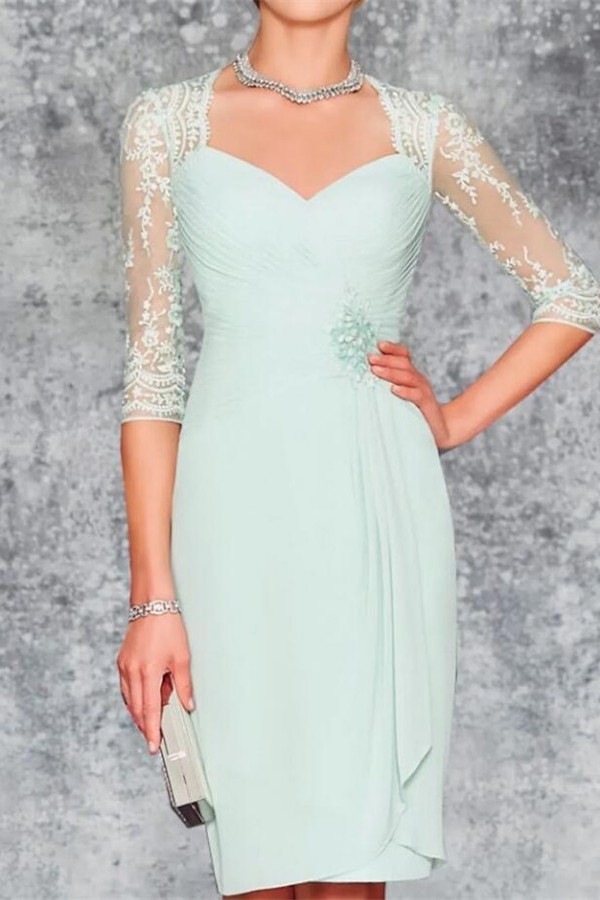 Elegant 3/4 Sleeves Knee Length Beading Sweetheart Mother Chiffon Prom Dress with Ruffles