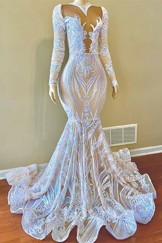 Sparkle sequined white mermaid long sleeves prom dress