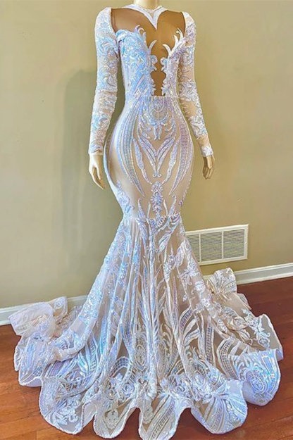 Sparkle sequined white mermaid long sleeves prom dress