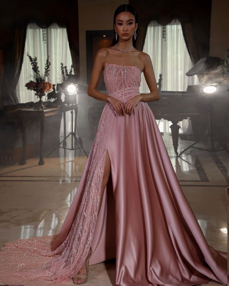 Strapless Pink A-line Satin Ball Gown Prom Dresses