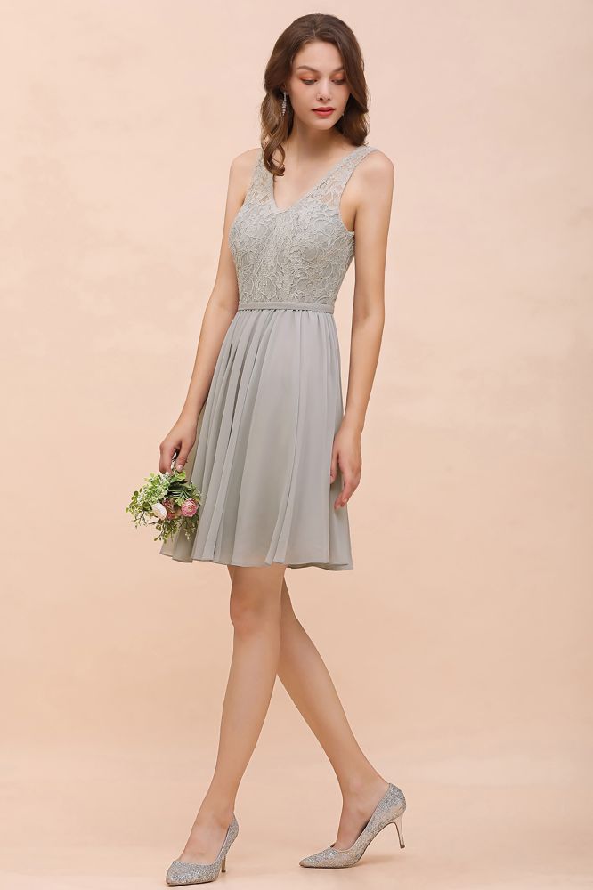 Chic V-Neck Lace Chiffon Short Party Dress Aline Bridesmaid Dress