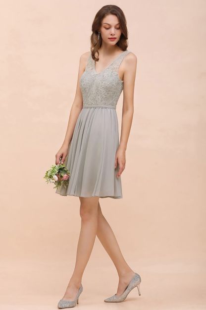 Chic V-Neck Lace Chiffon Short Party Dress Aline Bridesmaid Dress
