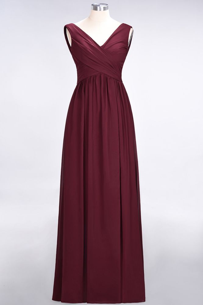 Chiffon A-Line Straps V-Neck Sleeveless Long Bridesmaid Dress with Ruffles